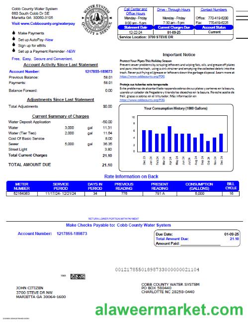 USA Cobb County Water System utility bill template in Word and PDF formats, version 3